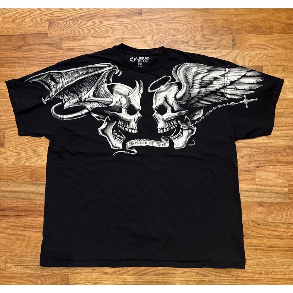 Skulls Heaven Hell Shirt Men 2XL XXL Adult Black Y2K Vintage Liquid Blue Death